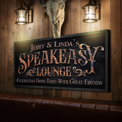 Speakeasy Lounge Wall Sign canvas by Tailored Canvases with wood backdrop on Tampa Home & Garden Store