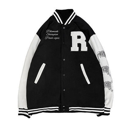 Varsity bomber jacket black and white with large R patch, white sleeves, striped cuffs on Tampa Home & Garden Store