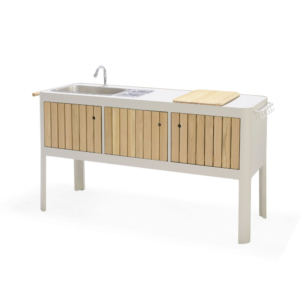 Portals Light Outdoor Kitchen white frame with natural wood slat cabinet doors and sink on Tampa Home & Garden Store