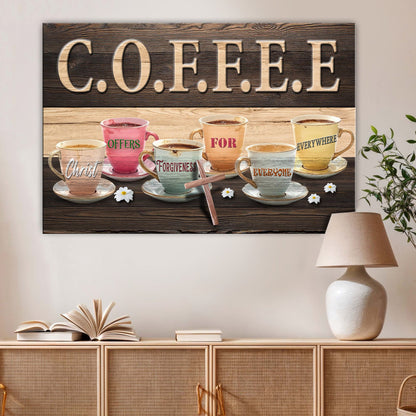 Canvas wall art Our COFFEE Faith Sign II with dark wood and colorful mugs Tailored Canvases on Tampa Home & Garden Store