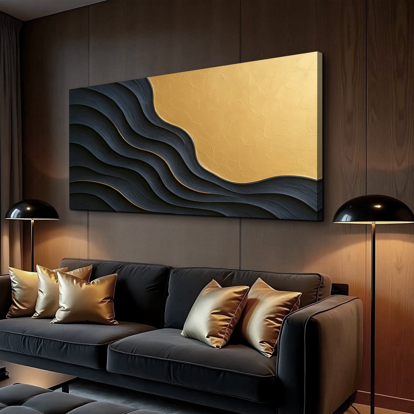 Black And Gold Minimalist XII canvas by Tailored Canvases; gold panel with black wave motif on Tampa Home & Garden Store