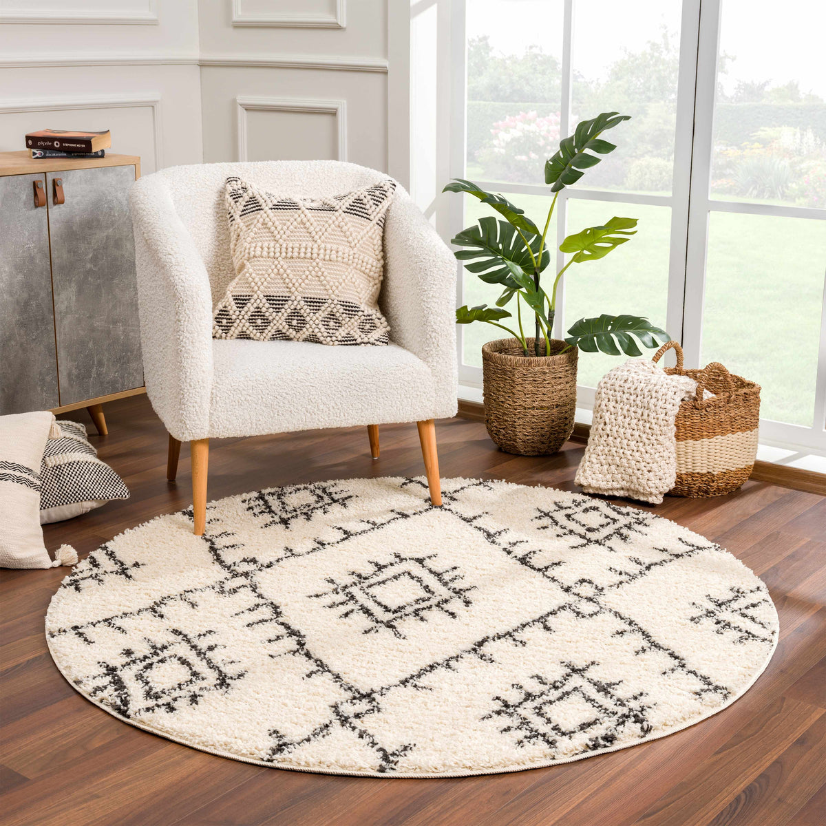 Emlenton Berber Shag rug with tassels in cream and black geometric pattern by Boutique Rugs on Tampa Home & Garden Store