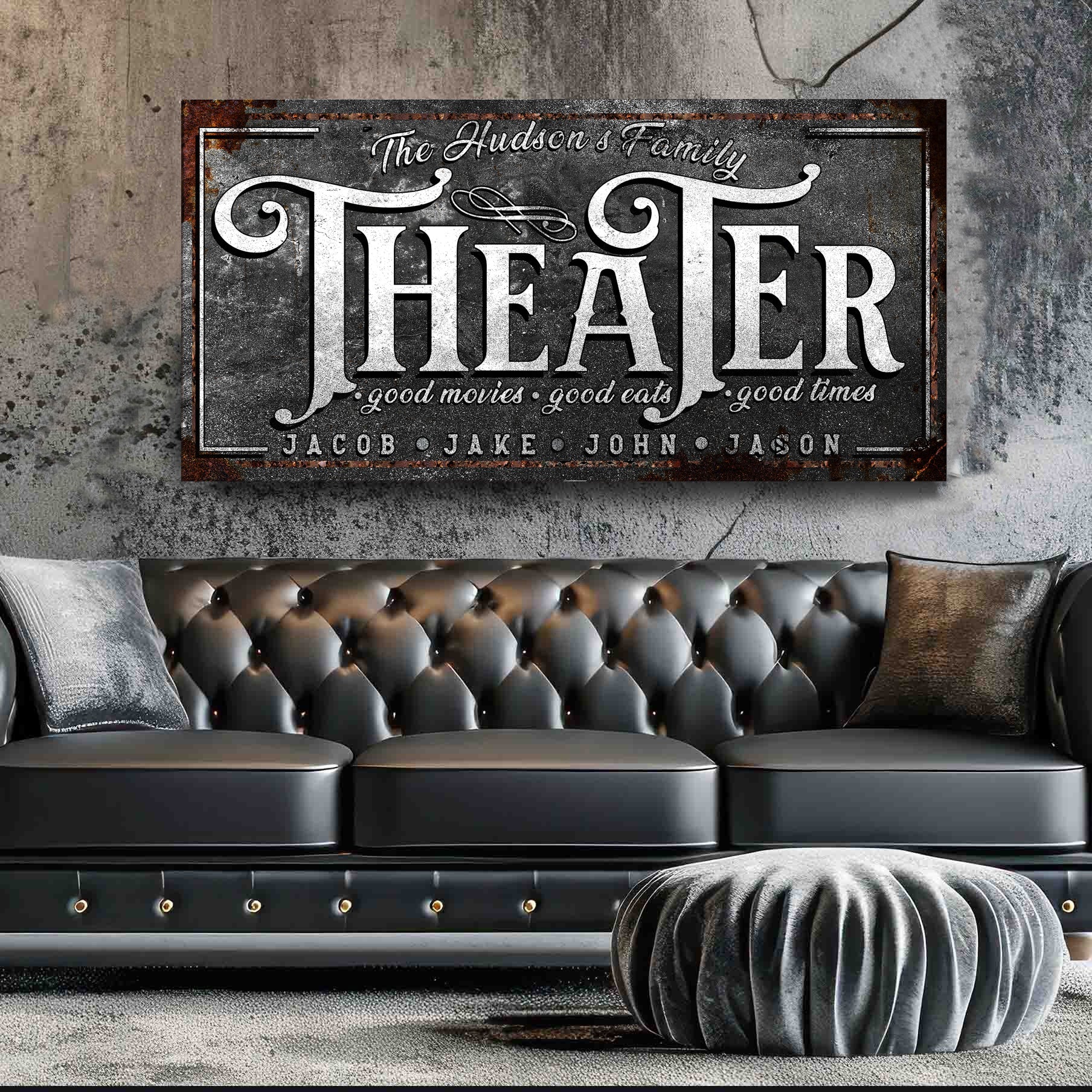 Theater Sign V canvas crafting sign with distressed metal plaque and large vintage typography on Tampa Home & Garden Store