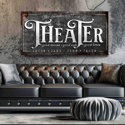 Theater Sign V canvas crafting sign with distressed metal plaque and large vintage typography on Tampa Home & Garden Store
