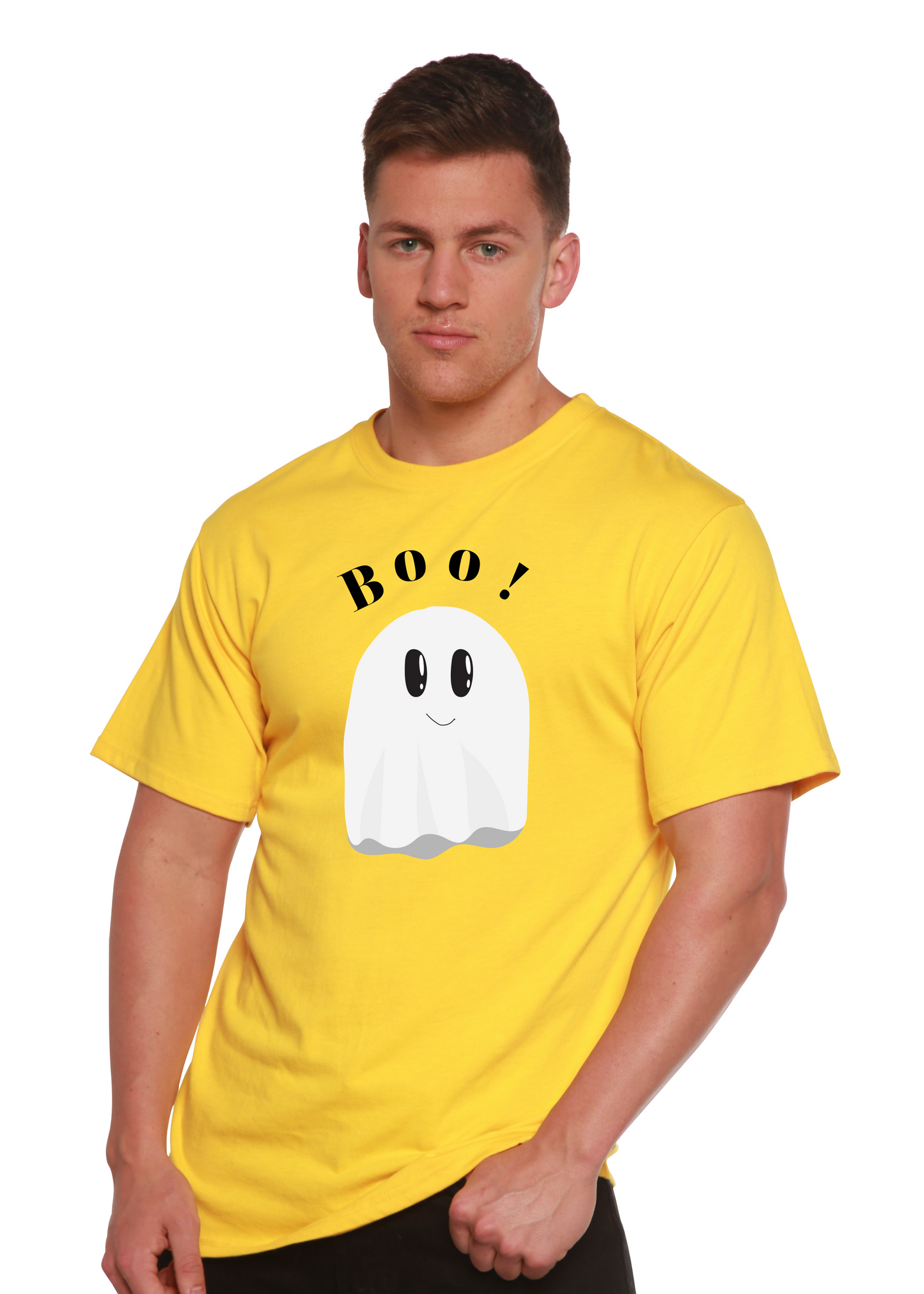 Boo men's bamboo viscose organic cotton graphic T-shirt, yellow ghost print, Spun Bamboo on Tampa Home & Garden Store