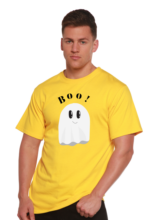Boo men's bamboo viscose organic cotton graphic T-shirt, yellow ghost print, Spun Bamboo on Tampa Home & Garden Store