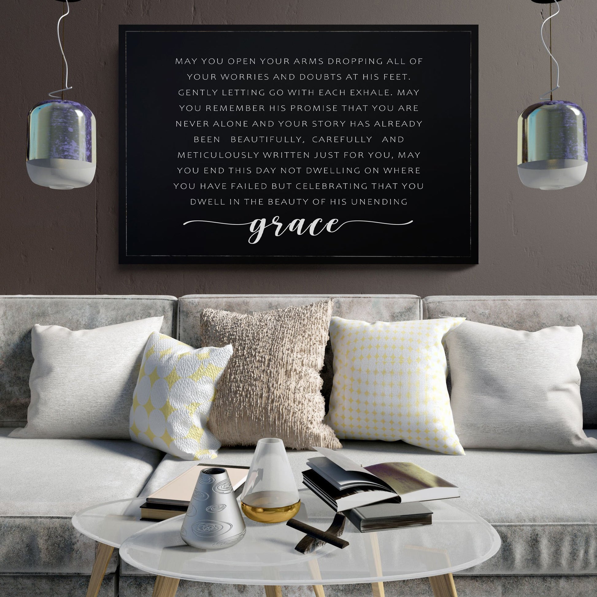 Unending Grace Faith Sign II canvas by Tailored Canvases, black background with white uppercase text on Tampa Home & Garden Store