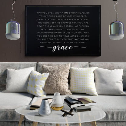 Unending Grace Faith Sign II canvas by Tailored Canvases, black background with white uppercase text on Tampa Home & Garden Store