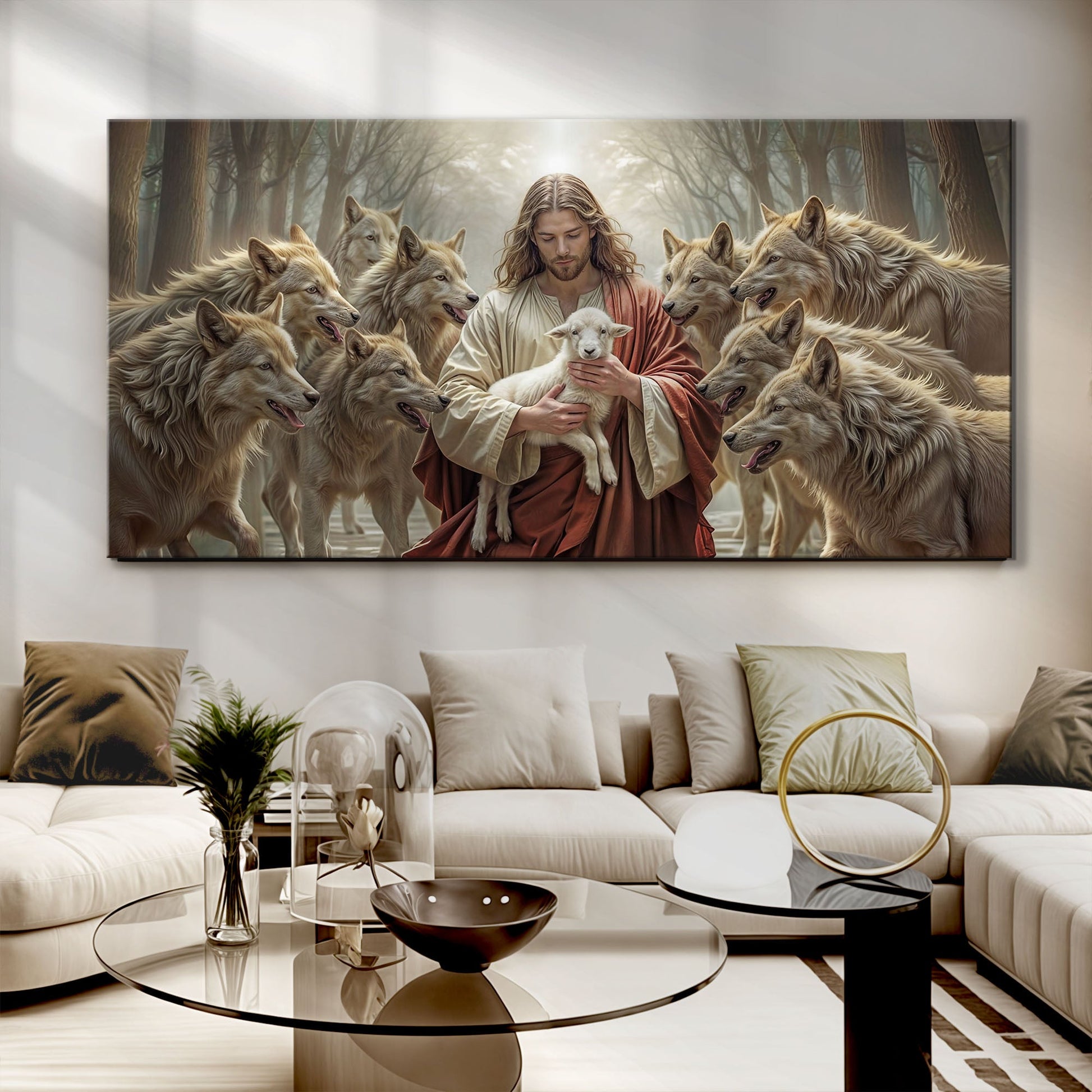 Jesus Protects The Lamb From Wolves Faith Wall Art II canvas Tailored Canvases forest scene with lamb among wolves on Tampa Home & Garden Store