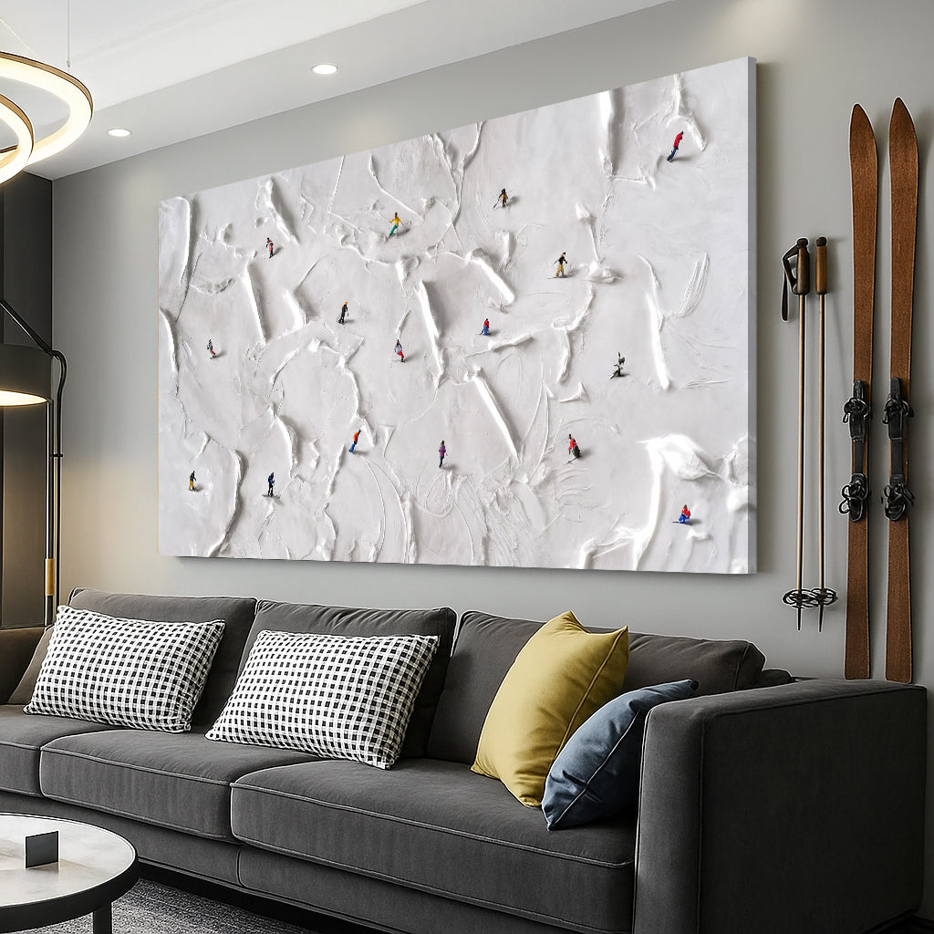 Mountain Minimalist Wall Art V Canvas by Tailored Canvases, white textured snow with skiers on Tampa Home & Garden Store