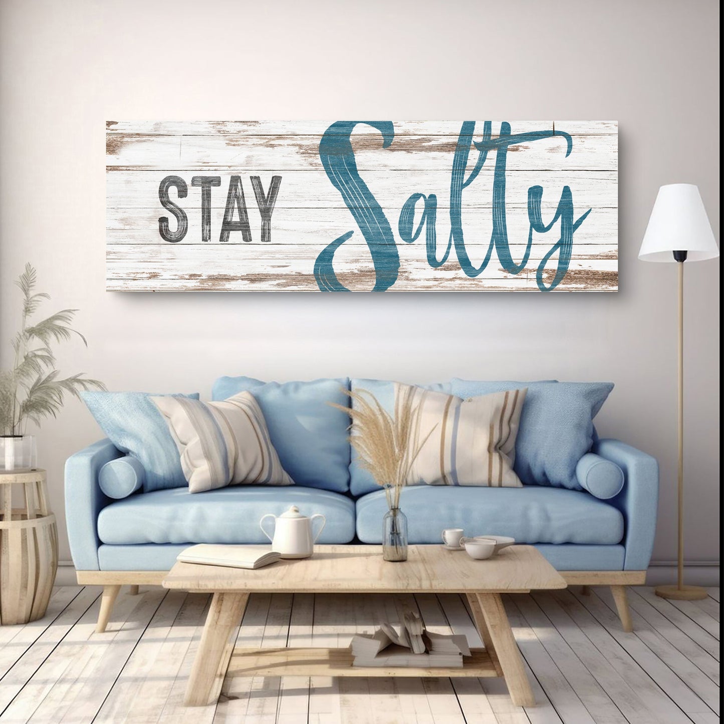 Stay Salty Coastal Sign VIII canvas art on distressed wood with blue script Stay Salty on Tampa Home & Garden Store