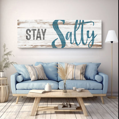Stay Salty Coastal Sign VIII canvas art on distressed wood with blue script Stay Salty on Tampa Home & Garden Store