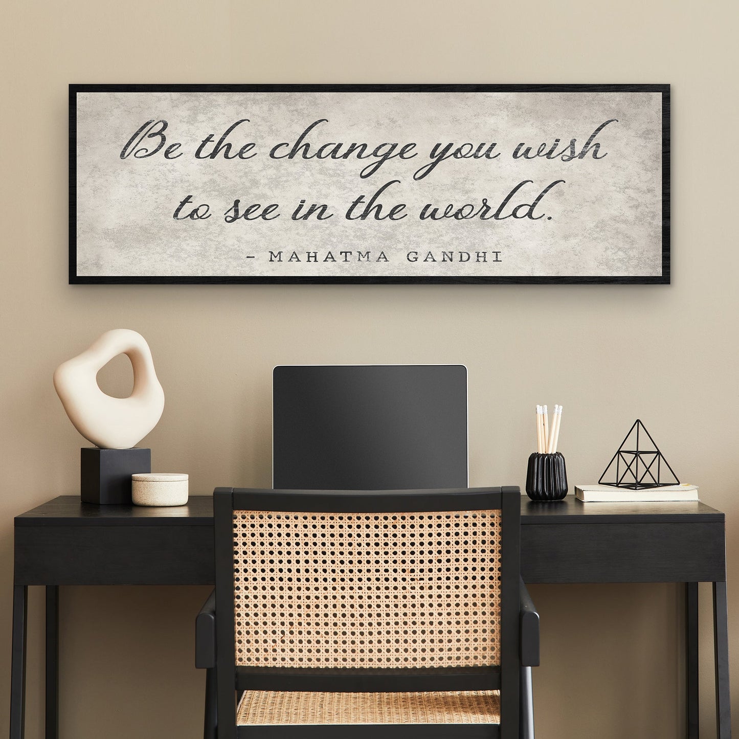 Canvas Be The Change You Wish To See II by Tailored Canvases, beige backdrop, black frame on Tampa Home & Garden Store