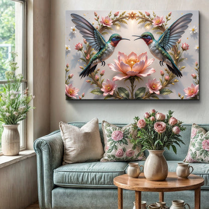 Tailored Canvases 3D Hummingbirds Wall Art VI canvas with two hummingbirds amid pink blossoms on Tampa Home & Garden Store