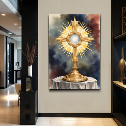 Holy Eucharist in Monstrance Faith Wall Art canvas, gold-tone monstrance with radiant sunburst on Tampa Home & Garden Store