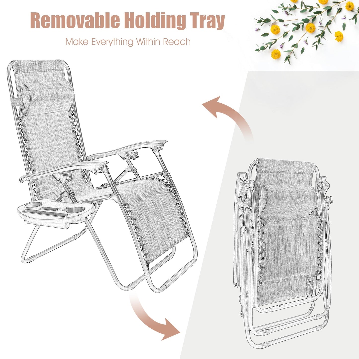 2 Pieces Folding Recliner Zero Gravity Lounge Chair - Beige