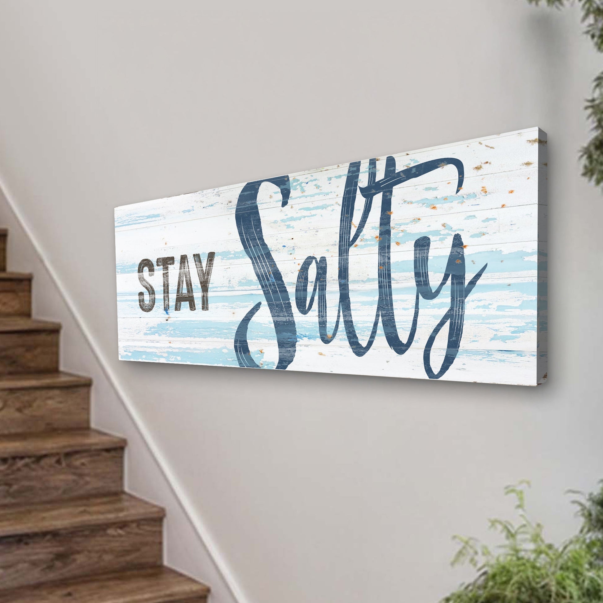 Stay Salty coastal sign IX canvas by Tailored Canvases, distressed blue-white wood plank wall art on Tampa Home & Garden Store
