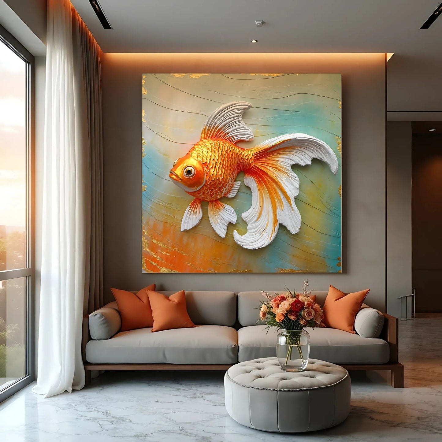 3D Goldfish Wall Art canvas by Tailored Canvases with orange koi on a teal backdrop on Tampa Home & Garden Store