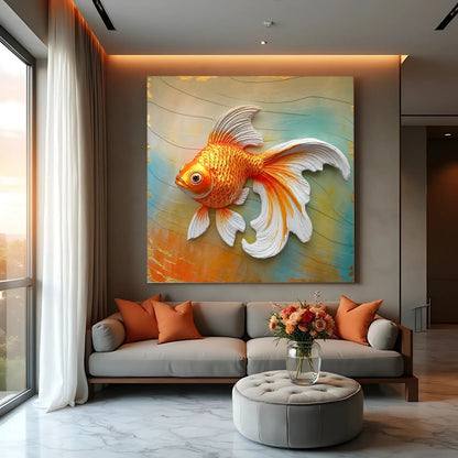 3D Goldfish Wall Art canvas by Tailored Canvases with orange koi on a teal backdrop on Tampa Home & Garden Store