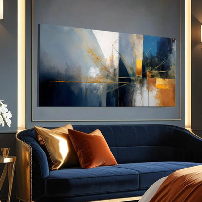 Abstract Geometric Lines Wall Art III canvas by Tailored Canvases in blue with gold accents on Tampa Home & Garden Store