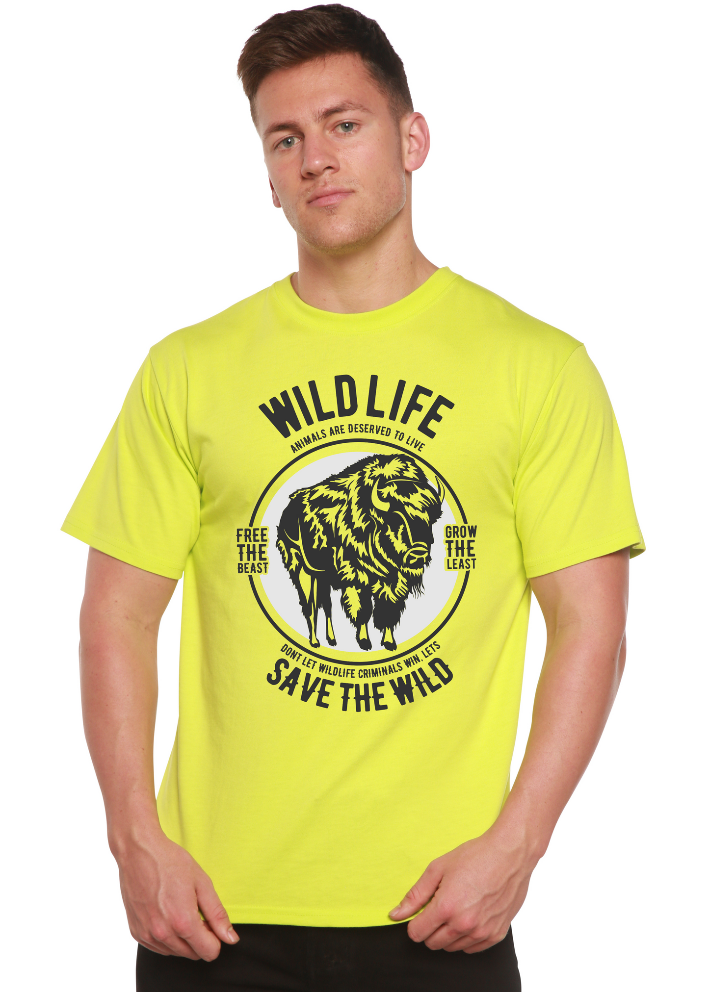 Wild Life Spun Bamboo men's neon yellow short sleeve graphic tee with buffalo circle print on Tampa Home & Garden Store