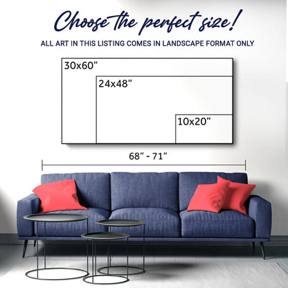 Rustic Forest Sunset canvas by Tailored Canvases above blue sofa with red pillows on Tampa Home & Garden Store