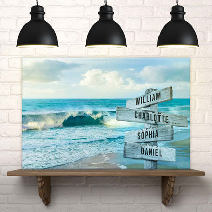 Family Names Beach Sign canvas by Tailored Canvases beach scene with a four-name wooden signpost on Tampa Home & Garden Store