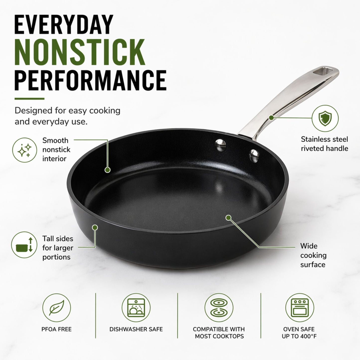 Ceramic nonstick cookware set; black interior with stainless steel riveted handle; Alva Cookware on Tampa Home & Garden Store