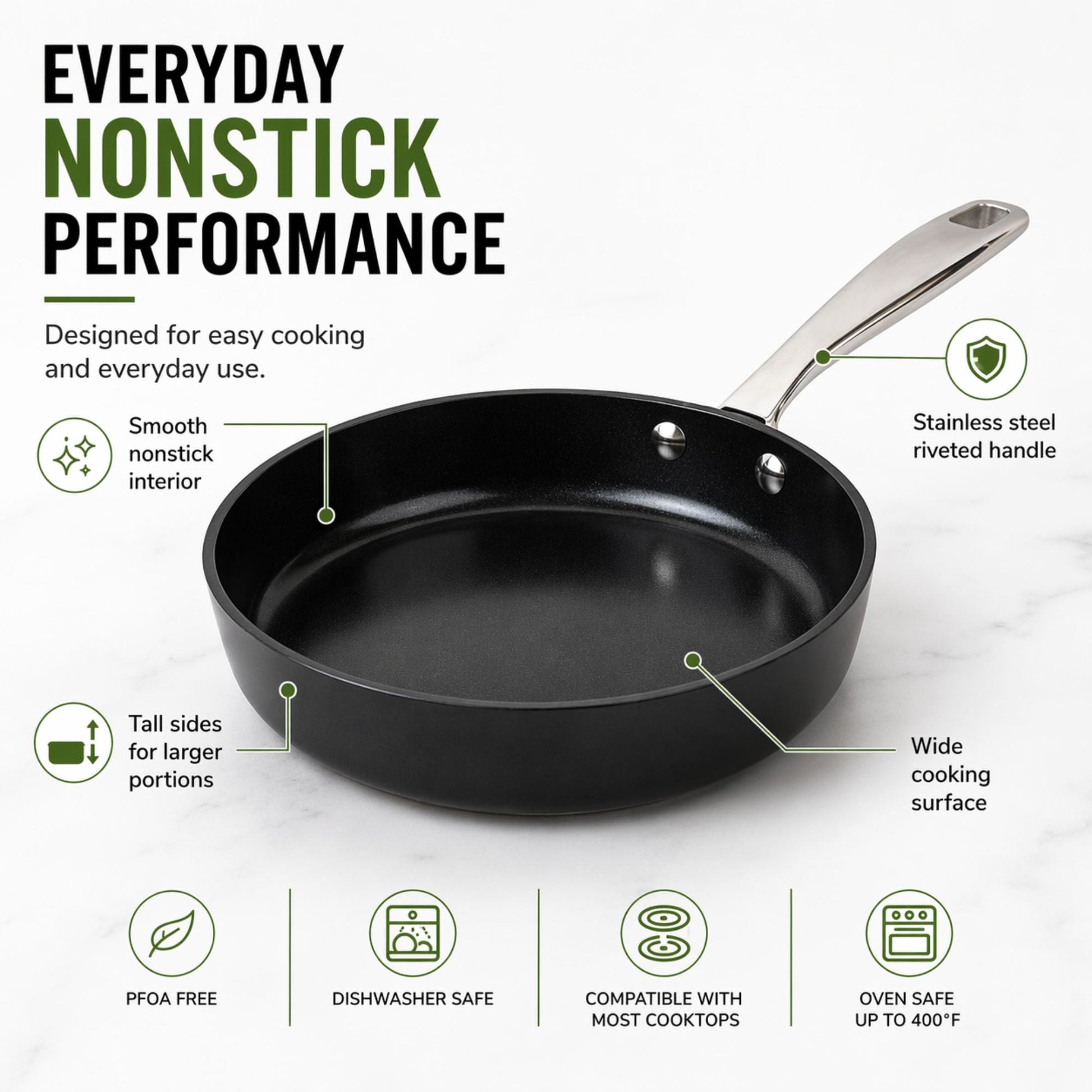 Ceramic nonstick cookware set; black interior with stainless steel riveted handle; Alva Cookware on Tampa Home & Garden Store
