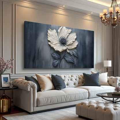 Floral Clay Relief Wall Art canvas by Tailored Canvases; ivory flower relief on blue backdrop on Tampa Home & Garden Store