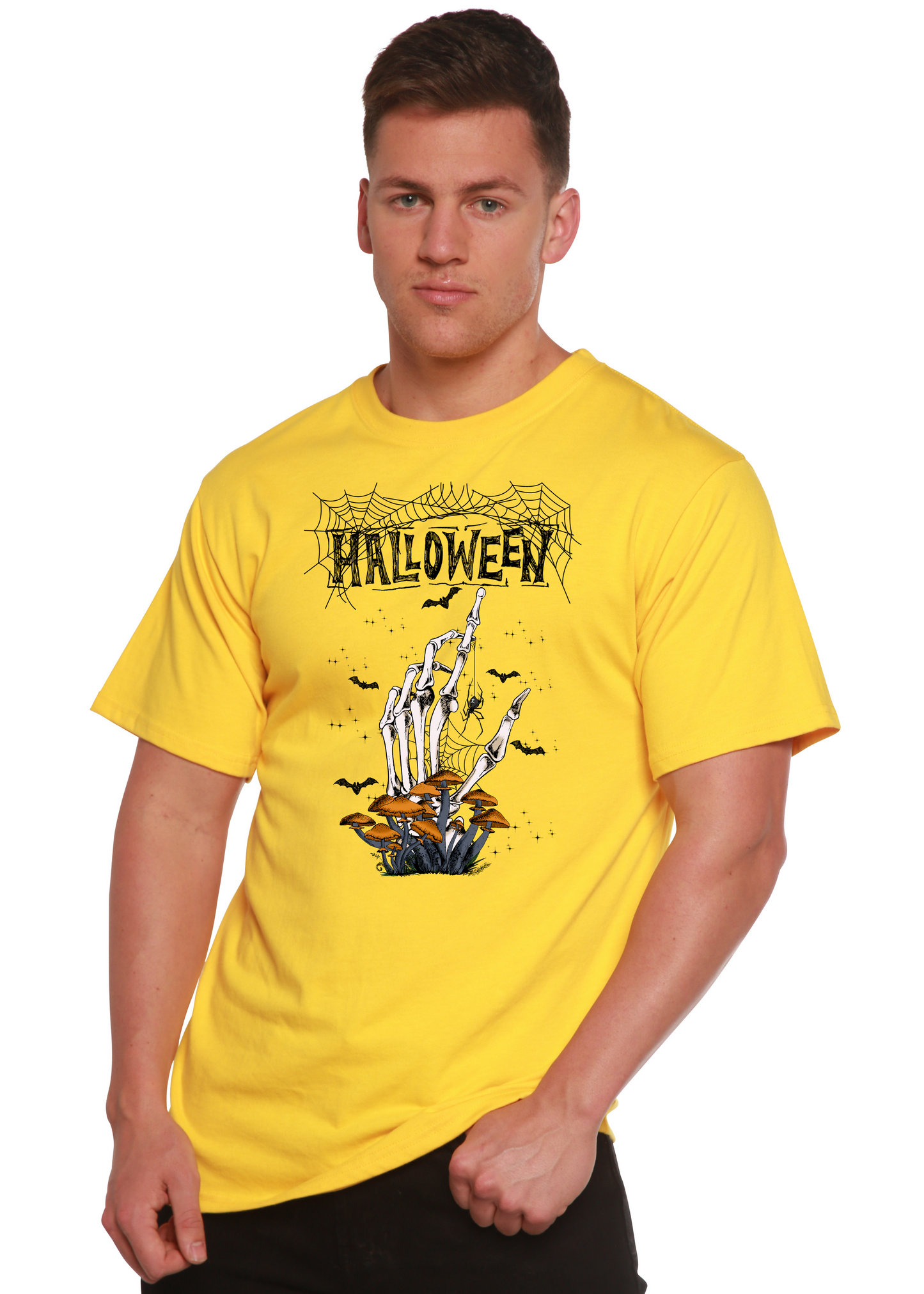 Halloween men's graphic T-shirt, yellow Spun Bamboo viscose/organic cotton with skeleton hand on Tampa Home & Garden Store