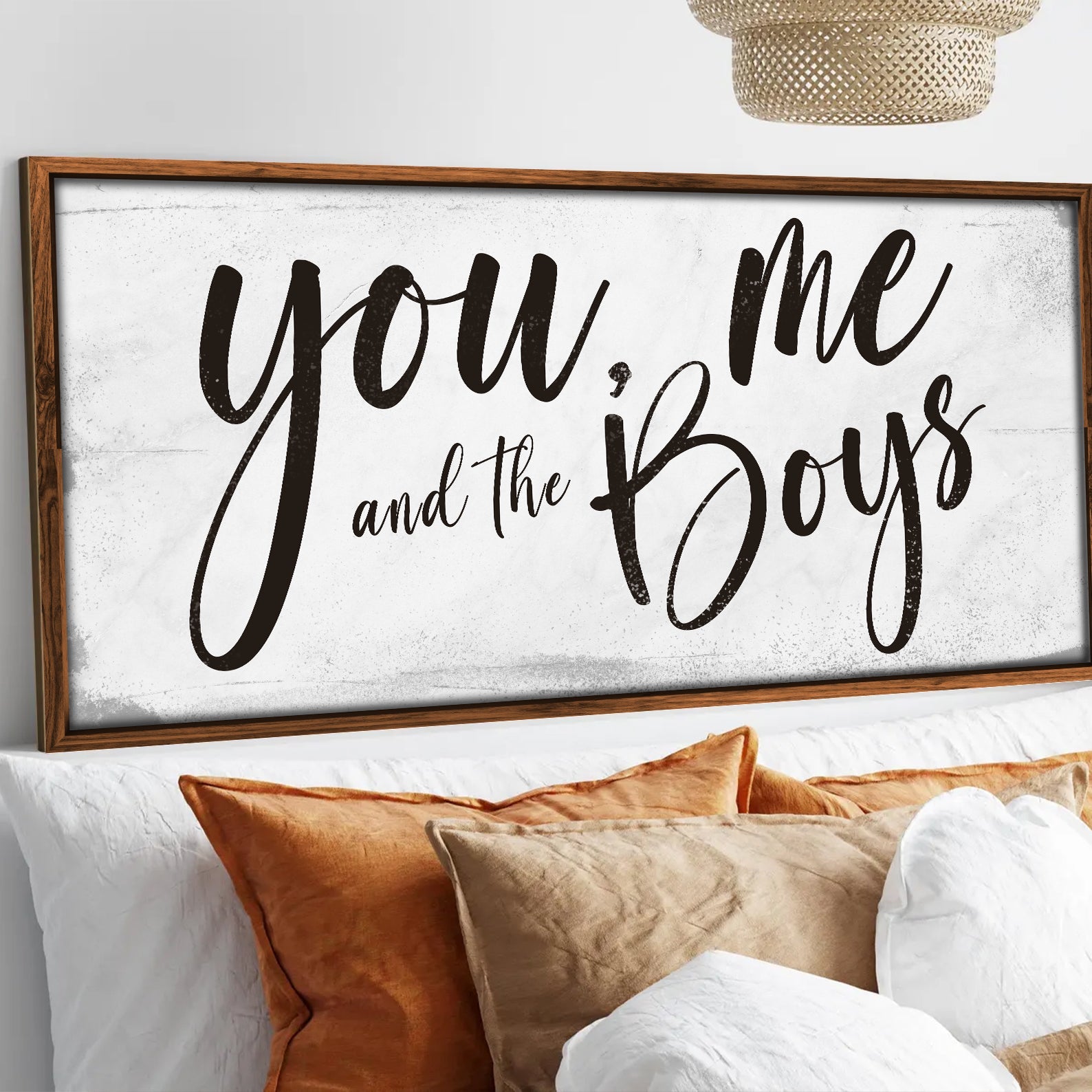 Farmhouse canvas You Me and the Boys in black script on white background framed in wood on Tampa Home & Garden Store