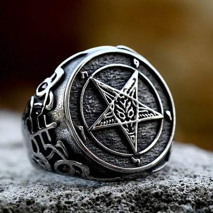 Hellstar Ring by BikerZoneZ, dark oxidized metal signet ring with a raised pentagram inside a circular frame and rune-detailed band on Tampa Home & Garden Store