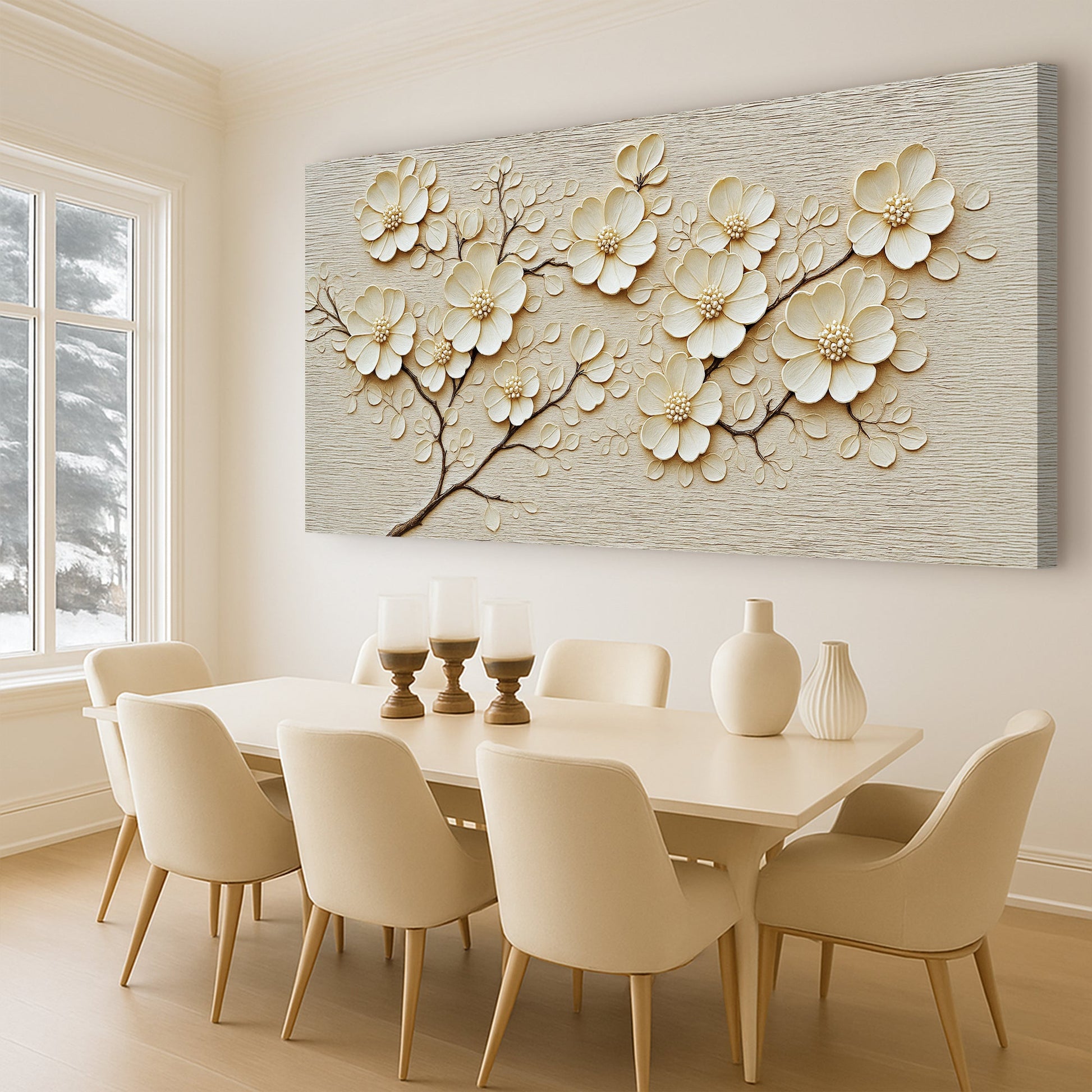 Minimalist Wall Art VIII canvas with cream floral blooms on beige backdrop Tailored Canvases on Tampa Home & Garden Store