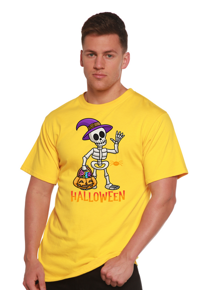 Spun Bamboo Happy Halloween unisex graphic T-shirt in yellow with a skeleton pumpkin print on Tampa Home & Garden Store