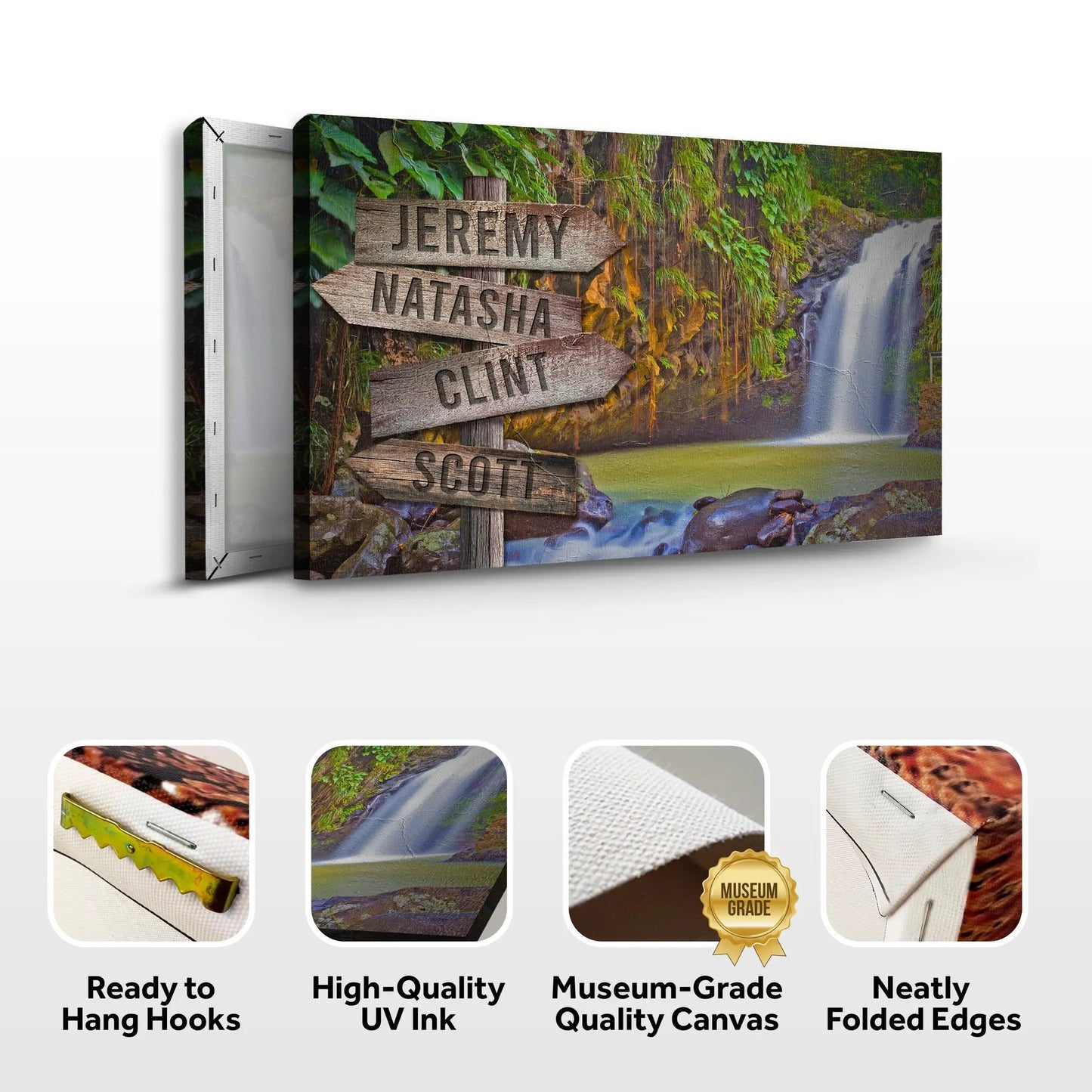 Waterfall Family Names Sign canvas by Tailored Canvases with wood name boards on Tampa Home & Garden Store