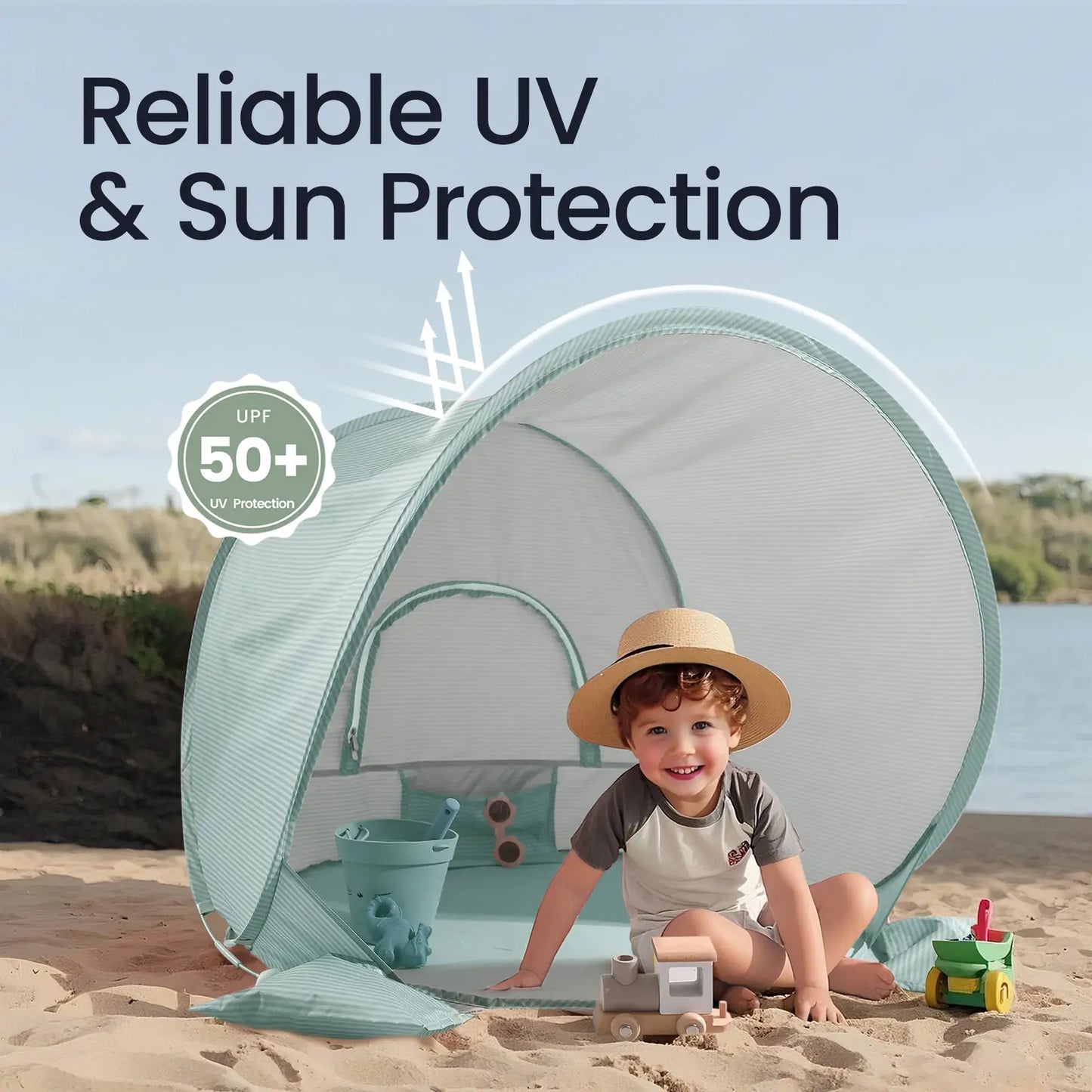 Tiny Land One-Stop Beach Toy & Tent Set pop-up beach tent in teal, child plays in sand on Tampa Home & Garden Store