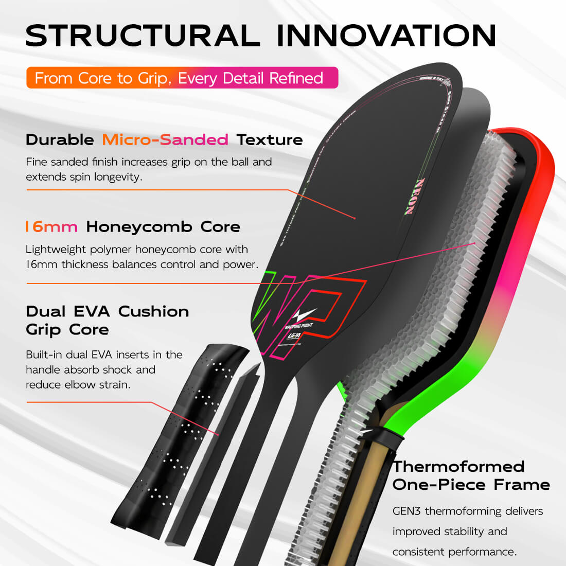 Neon Pickleball Paddle Gen 3 by Warping Point, black with neon accents and honeycomb core on Tampa Home & Garden Store