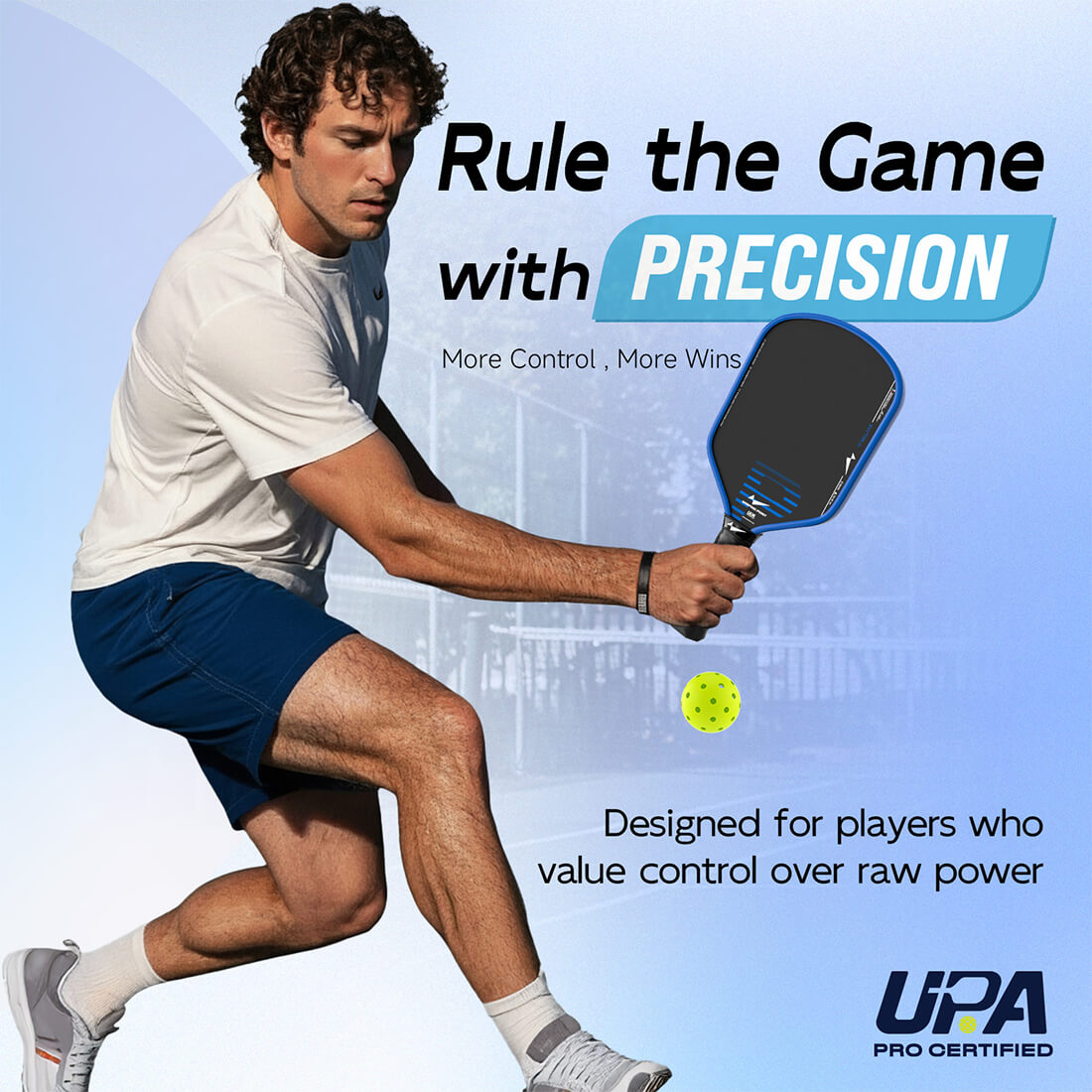 Rhythm Pickleball Paddle - Hybrid by Warping Point, blue paddle in hand with neon yellow ball on Tampa Home & Garden Store