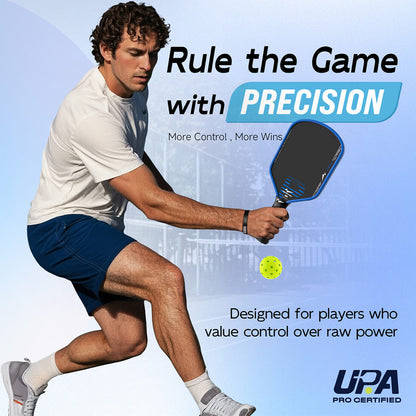 Rhythm Pickleball Paddle - Hybrid by Warping Point, blue paddle in hand with neon yellow ball on Tampa Home & Garden Store