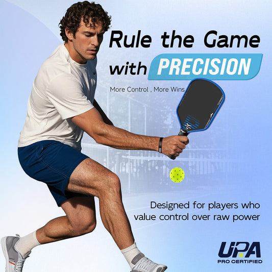 Rhythm Pickleball Paddle - Hybrid by Warping Point, blue paddle in hand with neon yellow ball on Tampa Home & Garden Store