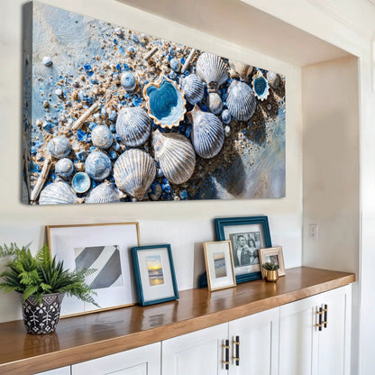 Sea Shells Modern Coastal Wall Art II canvas by Tailored Canvases, blue shells on sand on Tampa Home & Garden Store