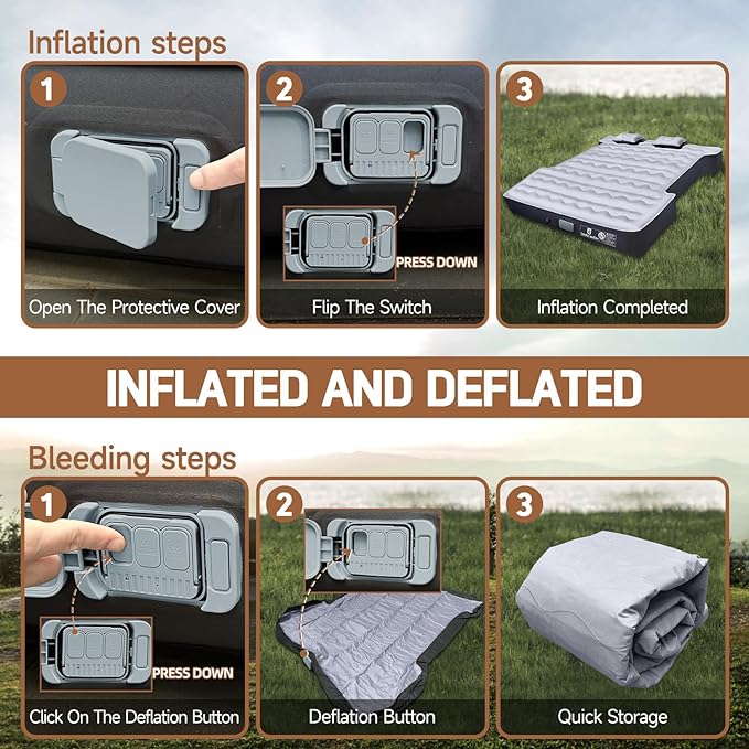 Umbrauto 5.5-6.5ft truck bed air mattress with built-in pump; inflation/deflation steps shown on Tampa Home & Garden Store