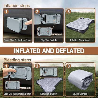 Umbrauto 5.5-6.5ft truck bed air mattress with built-in pump; inflation/deflation steps shown on Tampa Home & Garden Store
