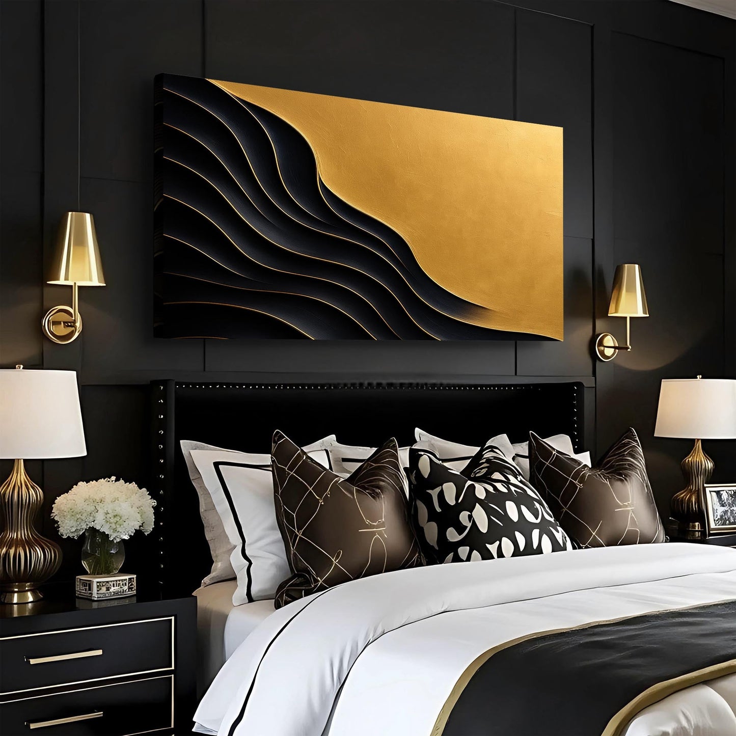 Black And Gold Minimalist Abstract XI canvas; black curves with gold panel on dark wall on Tampa Home & Garden Store