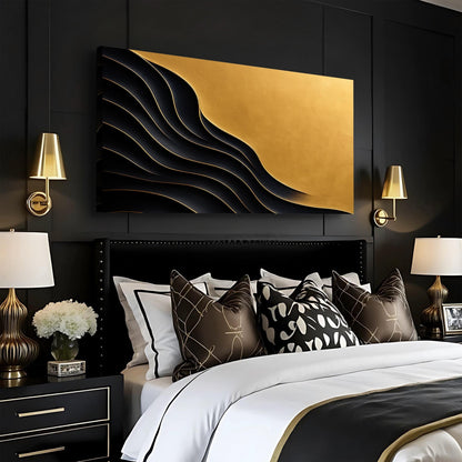 Black And Gold Minimalist Abstract XI canvas; black curves with gold panel on dark wall on Tampa Home & Garden Store