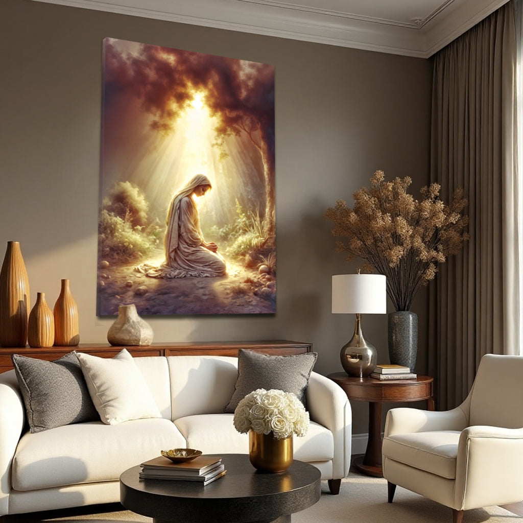 Mary Praying Faith Wall Art canvas by Tailored Canvases; kneeling figure bathed in sunlit rays on Tampa Home & Garden Store