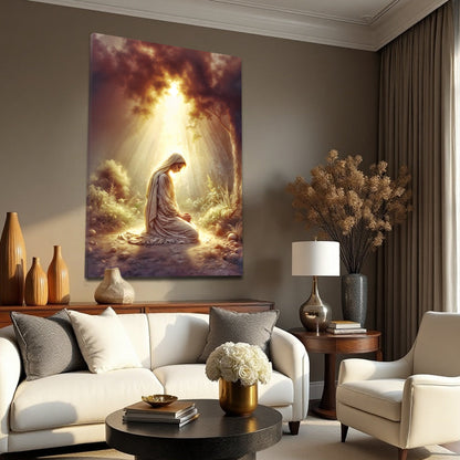 Mary Praying Faith Wall Art canvas by Tailored Canvases; kneeling figure bathed in sunlit rays on Tampa Home & Garden Store