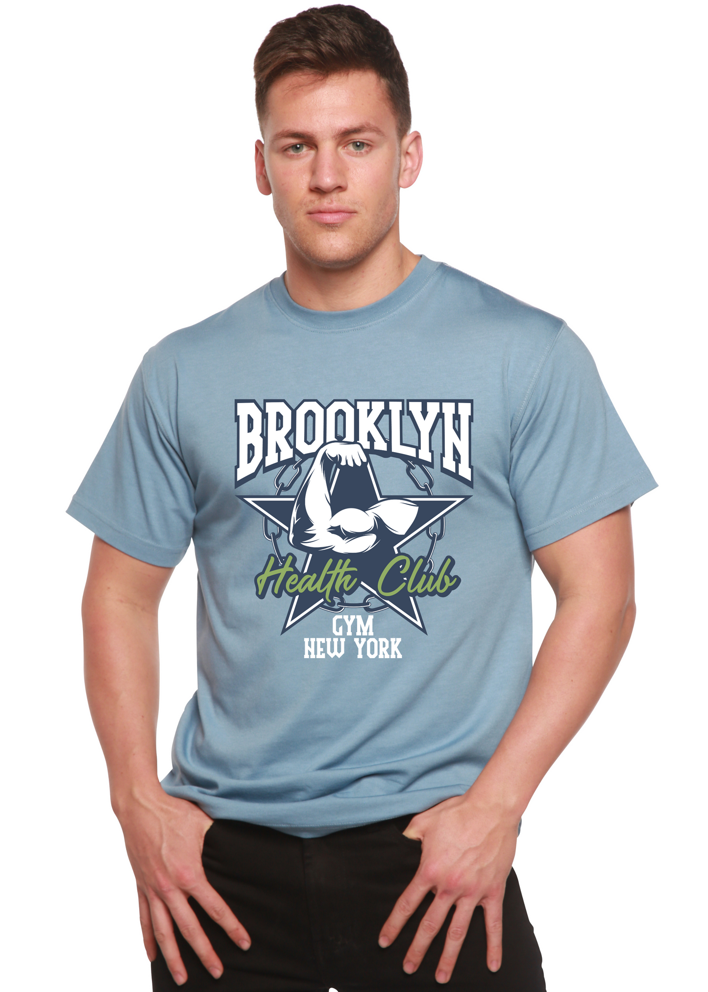 Brooklyn Health Club men's graphic tee in light blue bamboo viscose/organic cotton with bold logo on Tampa Home & Garden Store