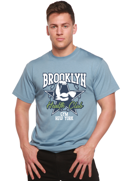 Brooklyn Health Club men's graphic tee in light blue bamboo viscose/organic cotton with bold logo on Tampa Home & Garden Store
